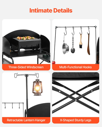 VEVOR Keukentafel voor camping buiten, aluminium, met opbergkast, draagtas, afneembare voorruit, geschikt voor barbecue, feest, picknick, reizen, camper, zwart