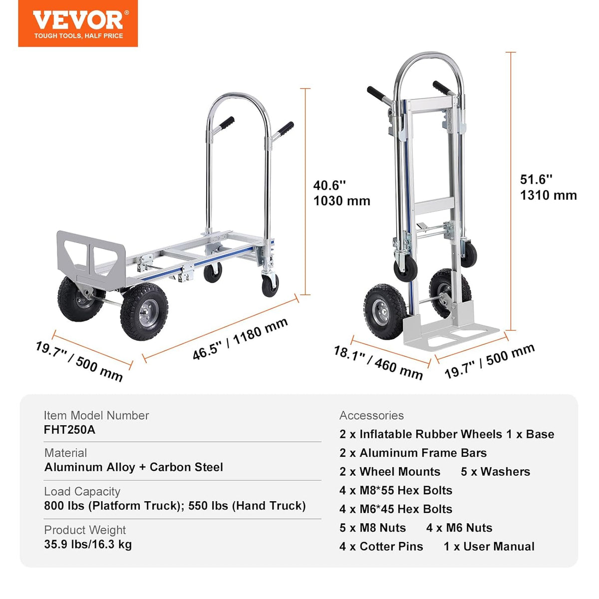 VEVOR Aluminium Trailer Truck, 2-in-1, Hand Truck, Moving Truck, Load Capacity 363 kg, Hand Truck, Convertible in Platform Truck, Rubber Wheels for Transport, Warehouse, Goods