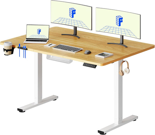 FLEXISPOT QS1 PRO Electric Standing Desk - Height Adjustable Sit-Stand Desk - Home Office/Study Room with Cup Holder & Hooks - 4-Stand Memory Module - (140x60cm) Maple