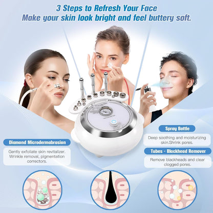 3-In-1 Diamant Microdermabrasie Machine – Microdermabrasie Apparaat – Gezichtsreinigingsapparaat – Gezichtspeeling Apparaat – Huidverzorgingsapparaat – 9 Diamantkoppen – Vacuümzuiging 65-68 cmHg