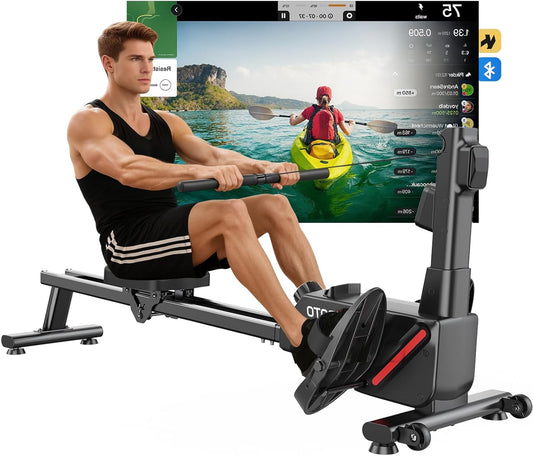 Roeimachine – Roeitrainer – Fitnessroeier – Workout Machine – Thuisfitness – 16 Weerstandsniveaus – Ultrastille Magnetische Weerstand – Bluetooth Kinomap App – Dubbele Rails – Compact Opvouwbaar – Geschikt tot 158 kg – Zwart - QUORE