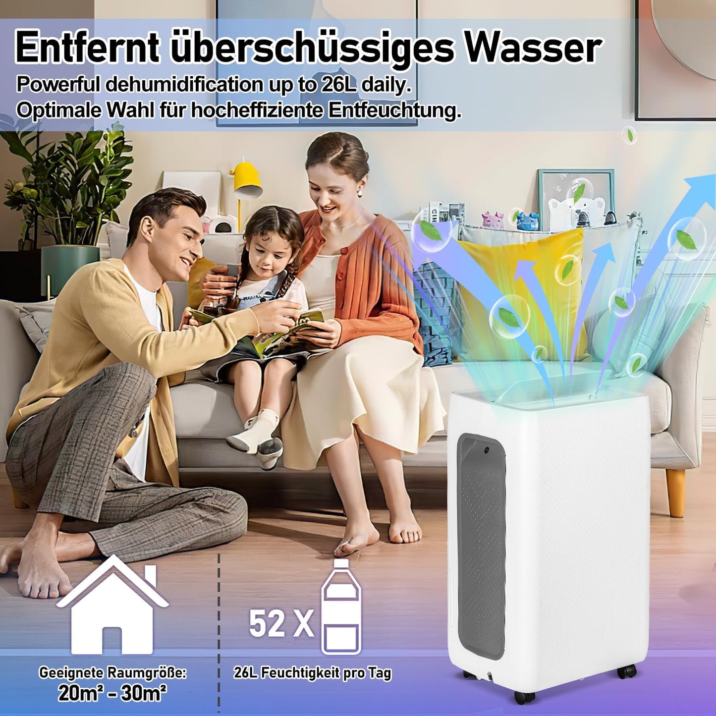 Luchtontvochtiger 26 liter in 24 uur, ontvochtigingscapaciteit: ca. 30 ~ 50 m², led-display met timerfunctie