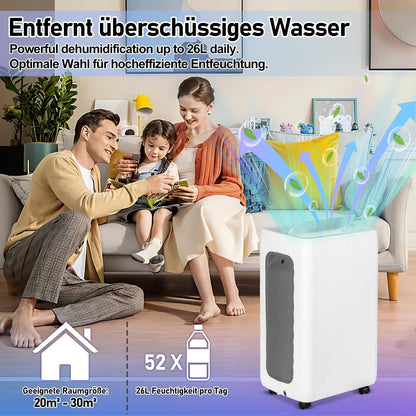 Luchtontvochtiger 26 liter in 24 uur, ontvochtigingscapaciteit: ca. 30 ~ 50 m², led-display met timerfunctie