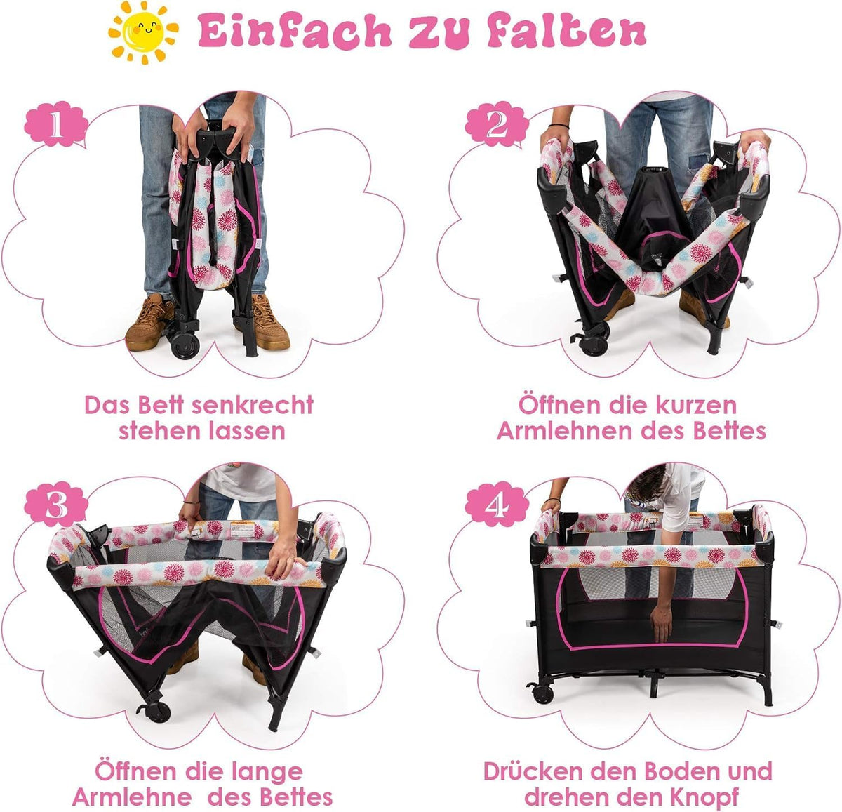 FANTASK 4-in-1 inklapbaar reisbed tot 15 kg, mobiele wieg, bijzetbed & commode & box, 2 niveaus babybed in hoogte verstelbaar met draagtas, matras en muziekdoos