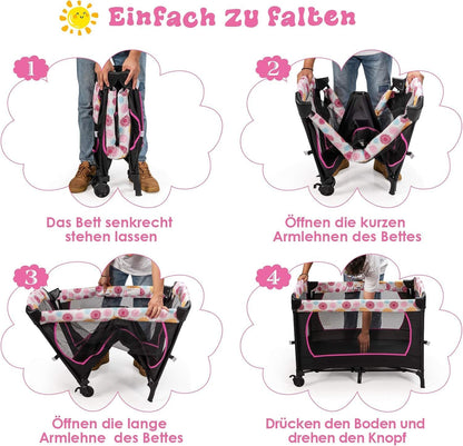 FANTASK 4-in-1 inklapbaar reisbed tot 15 kg, mobiele wieg, bijzetbed & commode & box, 2 niveaus babybed in hoogte verstelbaar met draagtas, matras en muziekdoos