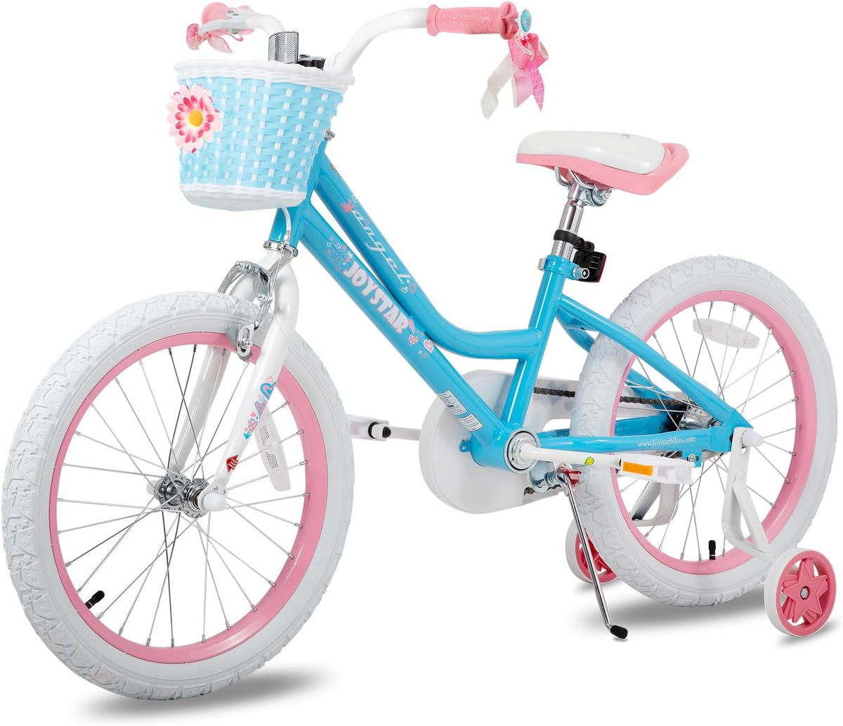 JOYSTAR 18 inch kinderfiets voor meisjes van 6 tot 9 jaar, 18 inch meisjesfiets met steunwielen en mand, blauw
