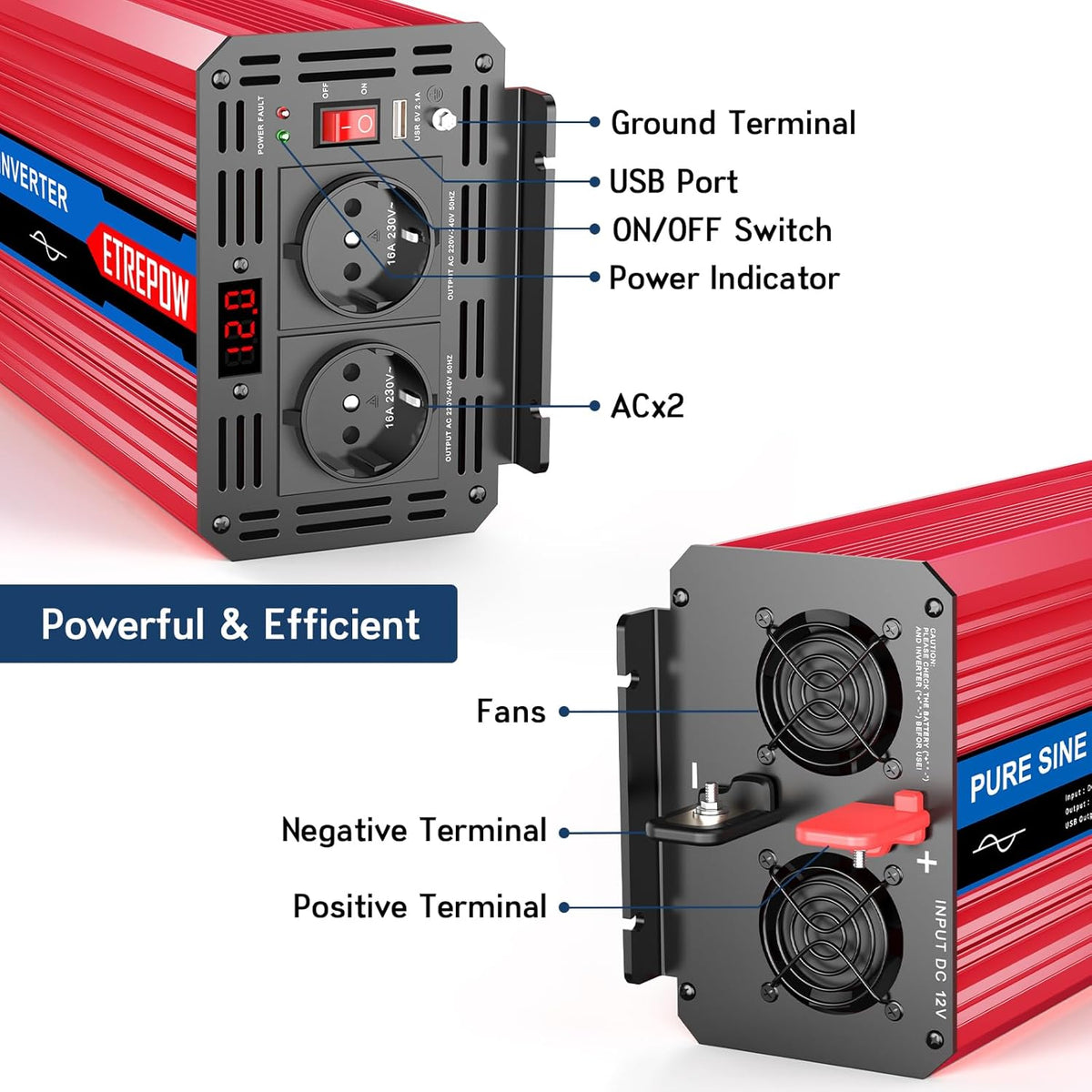 3000w/6000W Omvormer Zuivere Sinus Spanningsomvormer 12v 230v Stroomomvormers met 2 EU-stopcontact en 1 USB-poort, Draadloze Afstandsbediening