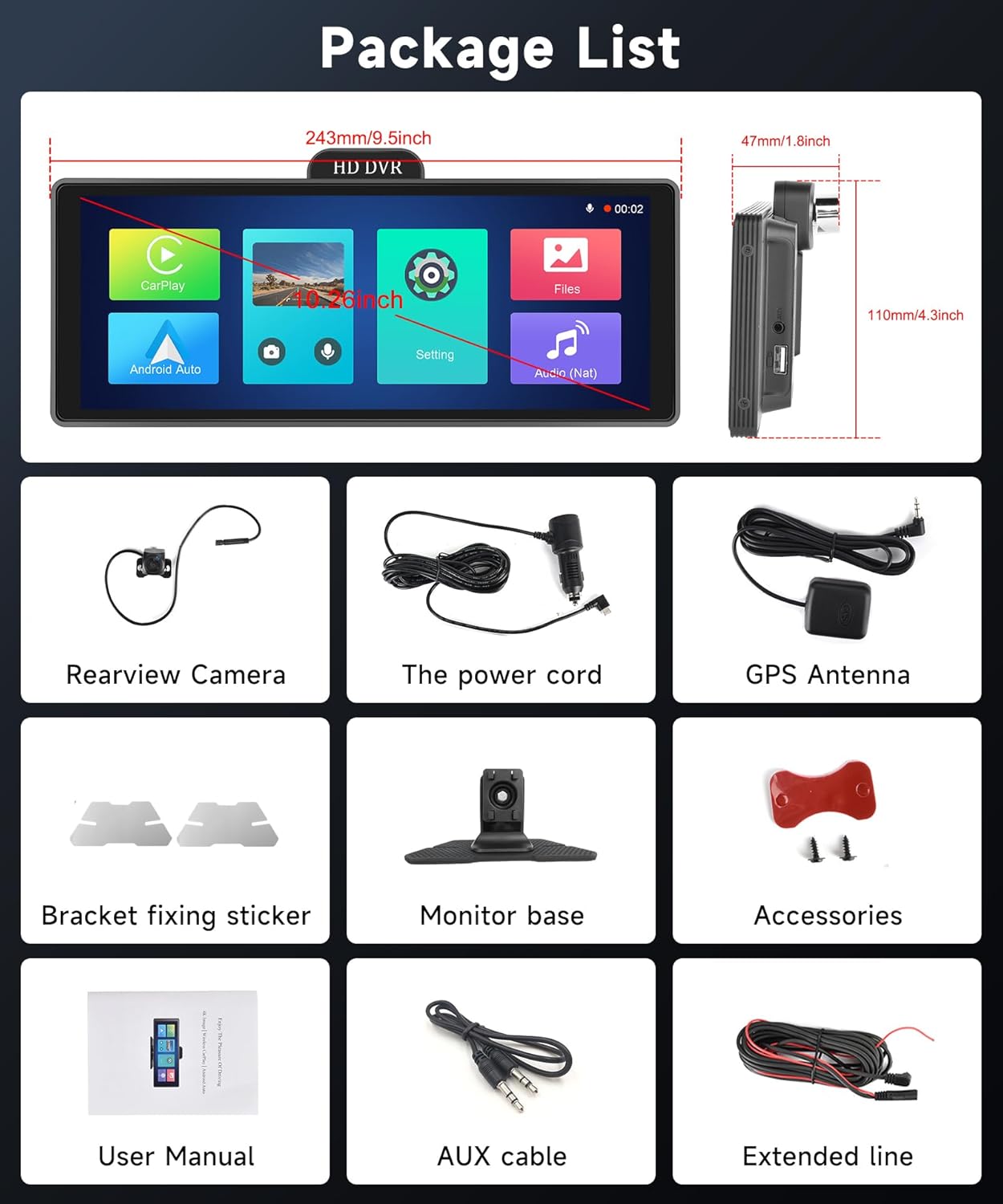 Podofo Carplay Draagbare autoradio, voor Android en Android, 10,26 inch touchscreen, ADAS FM-zender, USB/AUX/SD gedeeld scherm met achteruitrijcamera, 10 m, DC9-36 V