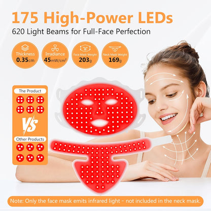 Led-Lichttherapiemasker voor Gezicht en Hals – Led Gezichtsmasker – Gezichtsmasker – Led Masker – Lichtmasker – 175 Ledlampjes – 7 Lichtstanden en 850 Nm Infrarood – Wit