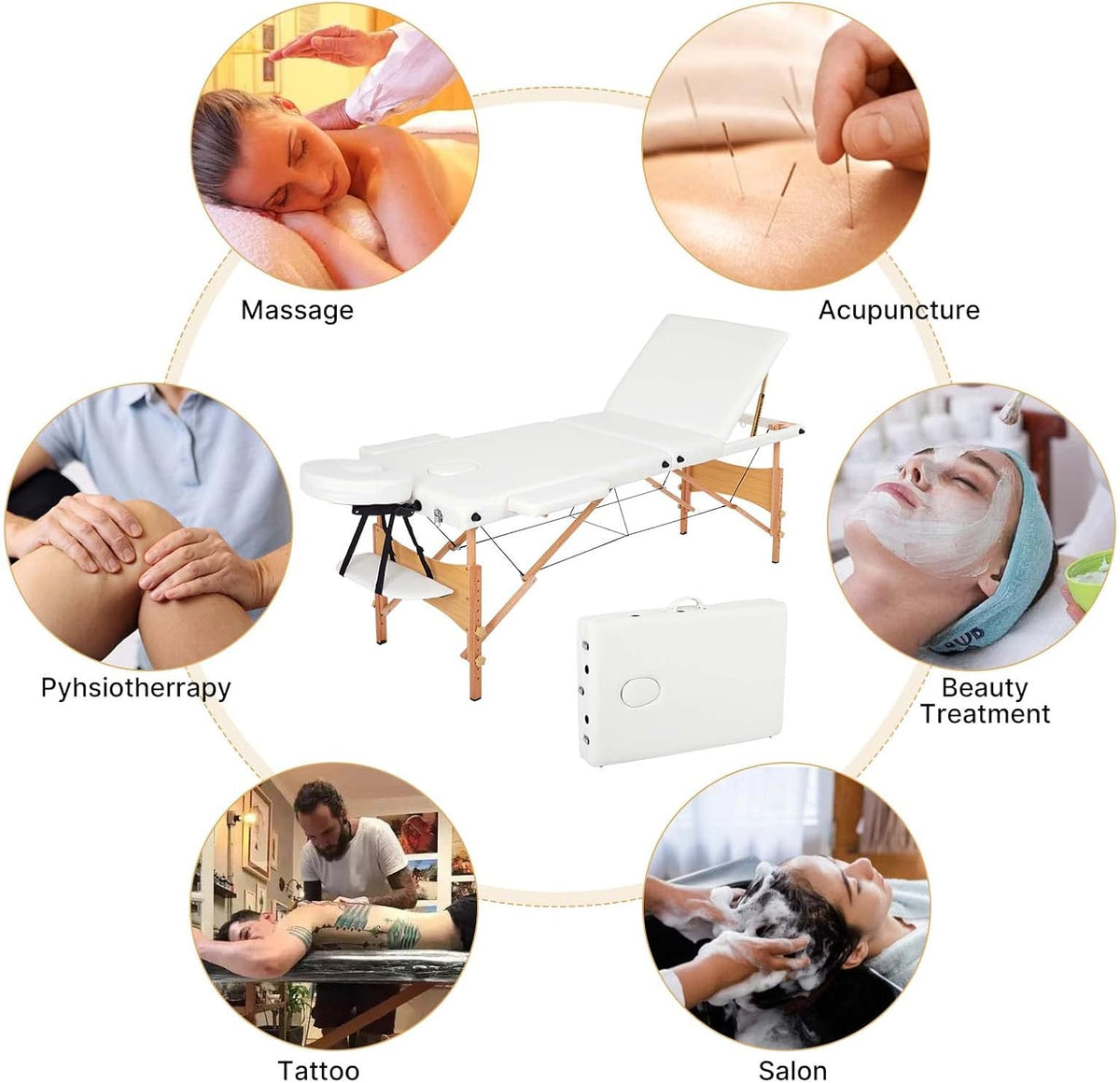 Opvouwbare Massagetafel – Behandelingstafel, Behandelbank, Massagebed, Therapietafel – 3-Delig, Wit – Verstelbare Hoogte 69-81 Cm – 7 Cm Fijncelschuim