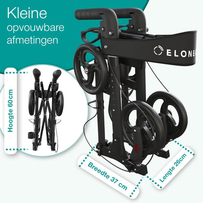 ELONEO Lichtgewicht Rollator met Zitje - Opvouwbare Aluminium Rollator voor Senioren, 8 Verstelbare Hoogtes, 3-voudig Opvouwbaar Loophulpmiddel met Tas & Parapluhouder, Past in Auto (Zwart)