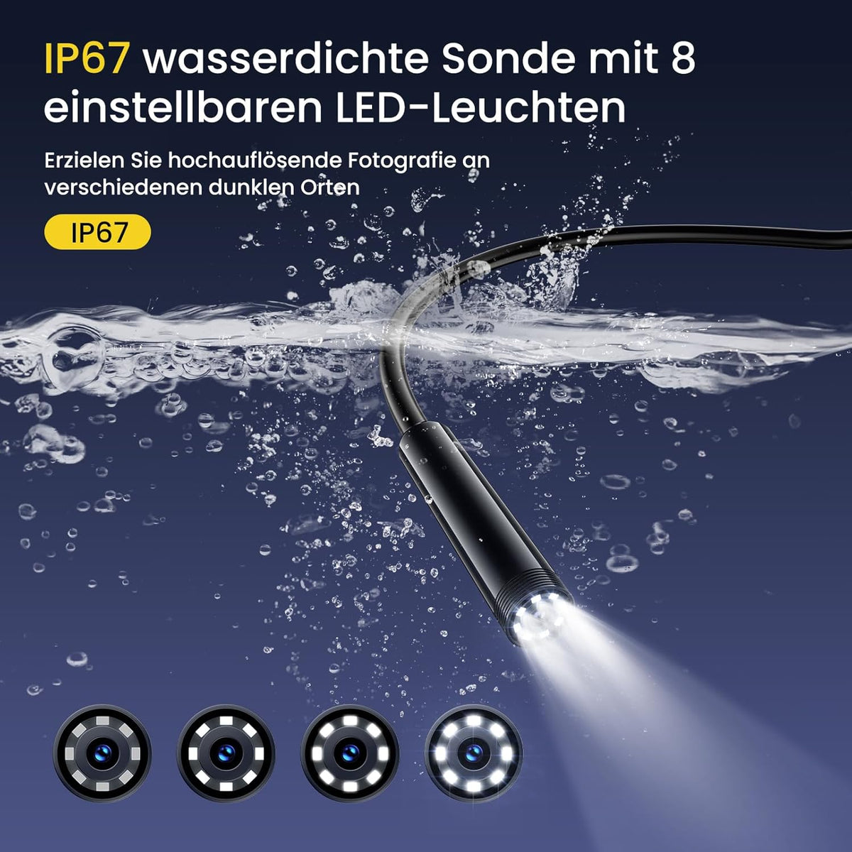 Maxpow Endoscoopcamera met licht, 1920 HD 8 ledverlichting, waterdichte IP67-endoscoop voor Android- en iOS-smartphones, semi-rigide kabelinspectiecamera voor autoreparatie, ventilatiebuizen