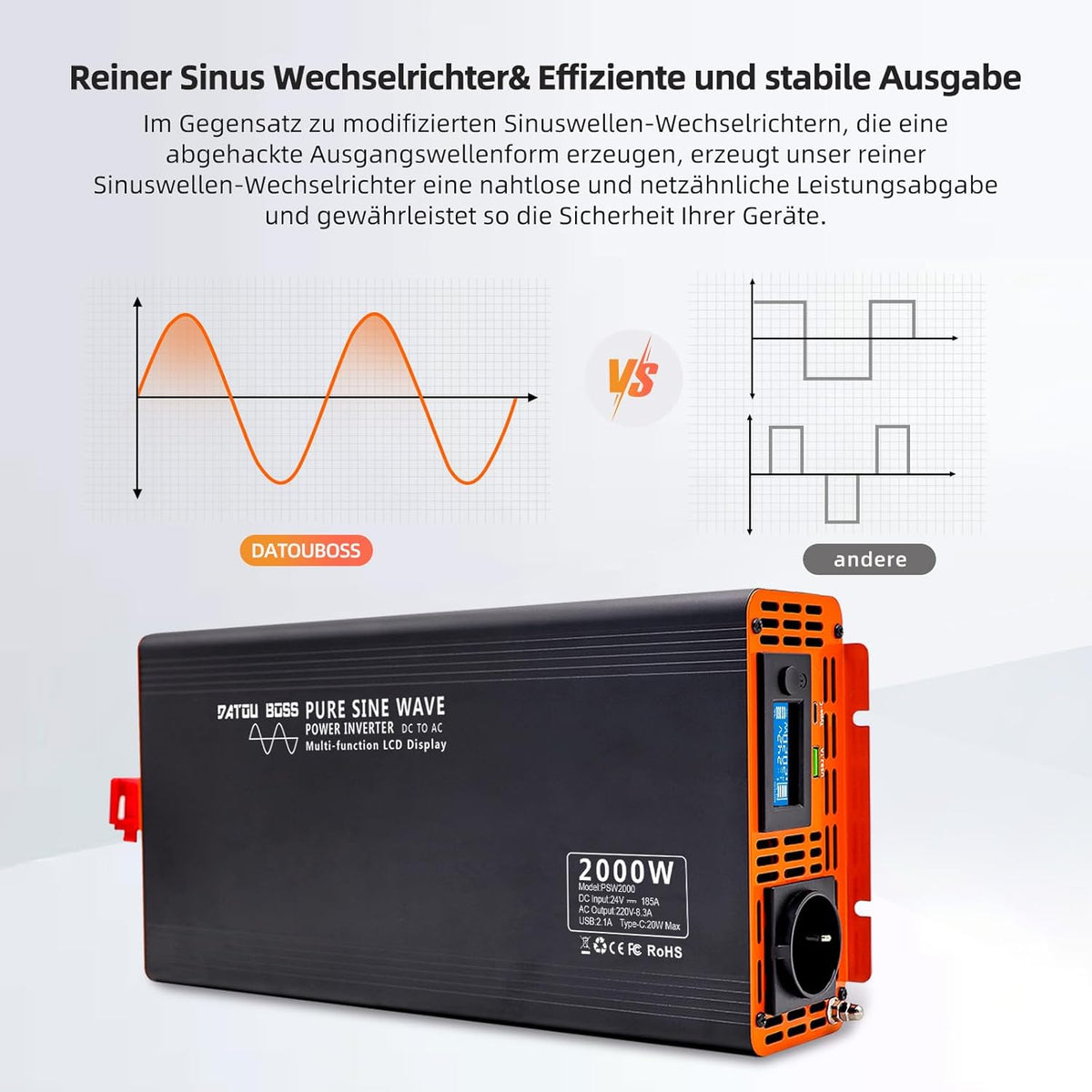 DATOUBOSS Omvormer 24v 230v Pure Sine 2000W Afstandsbediening Spanningsomvormer Pure Sine met 1 EU stopcontact USB & Type-c & LCD Display