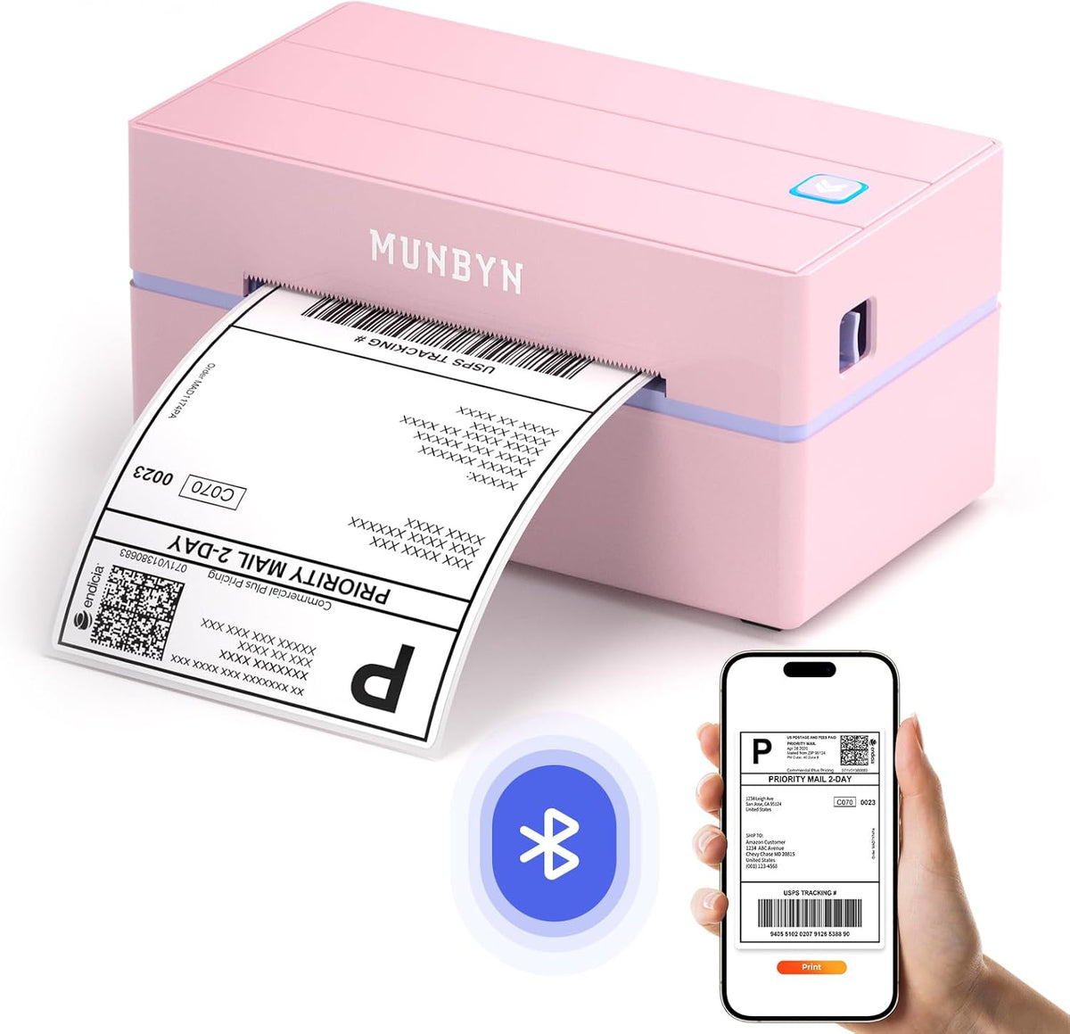 MUNBYN Labelprinter Bluetooth 4x6, Thermische Labelprinter, Ideaal voor kleine bedrijven en thuisgebruik, Compatibel met iOS, Android, Windows, Chromebook, DHL en UPS, Roze