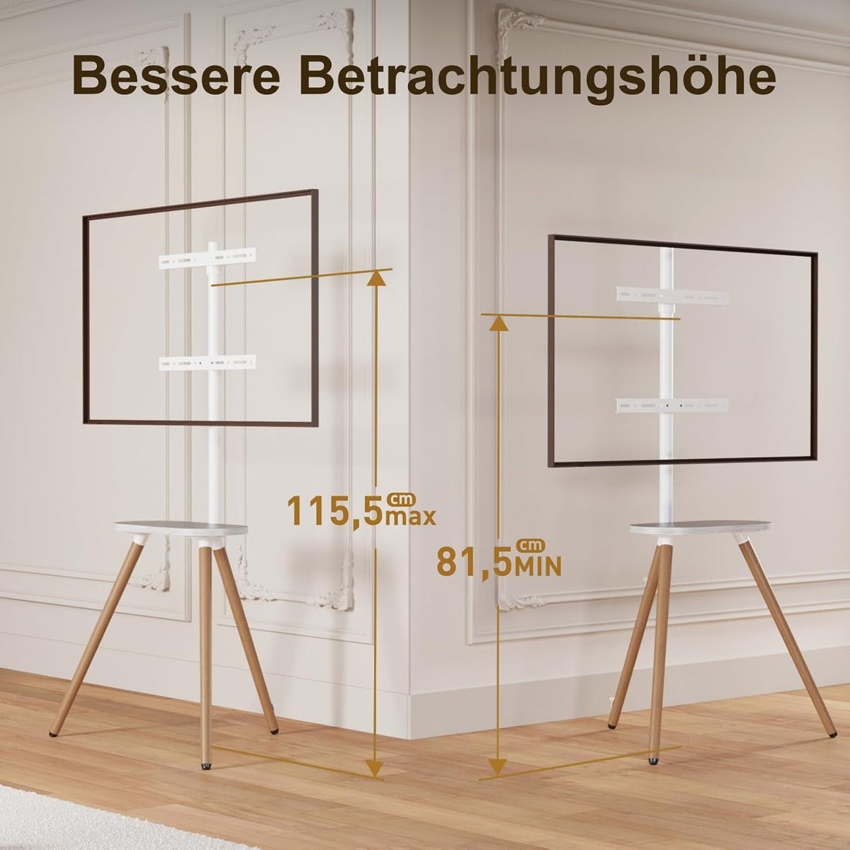 Driepotige tv-standaard voor 40 tot 65 inch lcd-led-oled-beeldscherm, in hoogte verstelbaar en draaibare vloer-tv-standaard, hoek-tv-standaard met houten blad, VESA 400 x 400 mm, wit