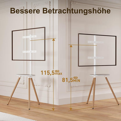 Driepotige tv-standaard voor 40 tot 65 inch lcd-led-oled-beeldscherm, in hoogte verstelbaar en draaibare vloer-tv-standaard, hoek-tv-standaard met houten blad, VESA 400 x 400 mm, wit