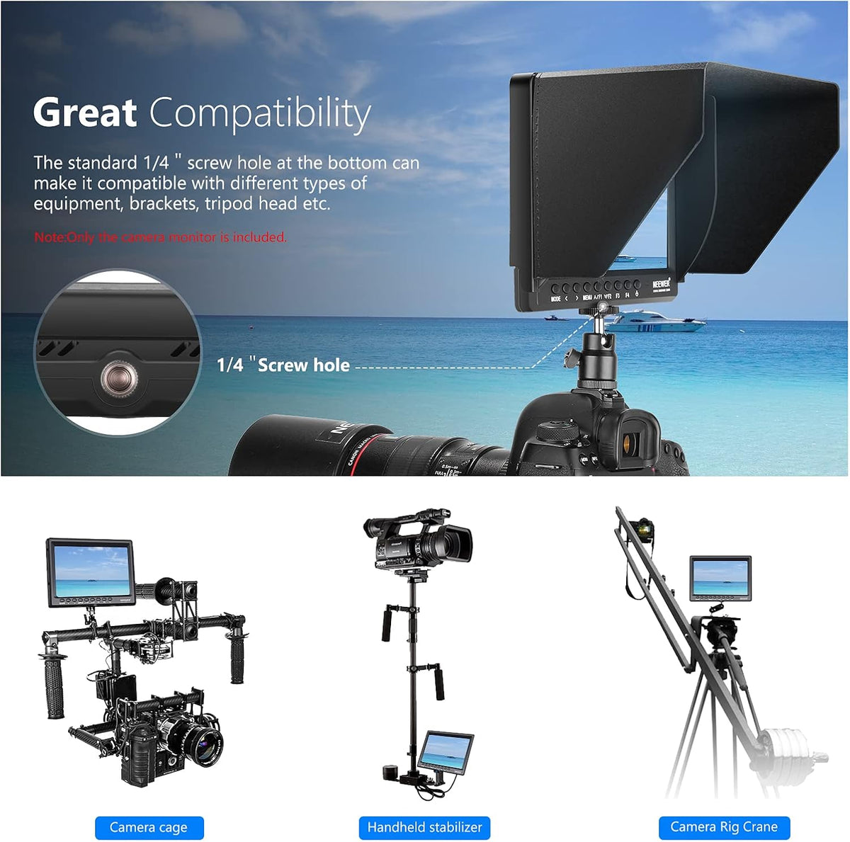 Neewer F100 7 inch camera Field Monitor Video Assist Slim IPS 1280 x 800 HDMI-ingang 1080p met parasol voor filmvideo-opname platform (batterij en adapter niet inbegrepen)