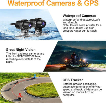 VSYSTO Dashcam voor motorfiets, 140 graden groothoeklens, waterdicht voor en achter, 1080p camera met wifi, GPS, nachtzicht, G-sensor, loop-opname (grijs)