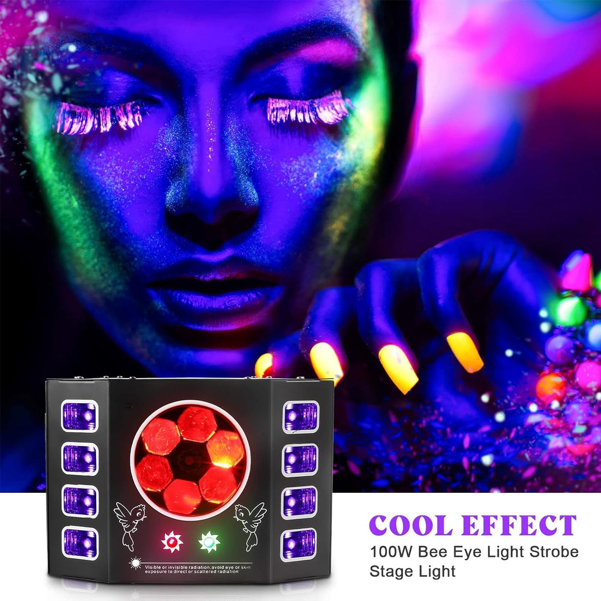 Lichtspel, discolicht, 100 W, feestlicht, bijenoog, uv-flitslicht, 14 DMX-kanalen met spraakbediening, afstandsbediening, geschikt voor bruiloft, verjaardagsfeest, Halloween