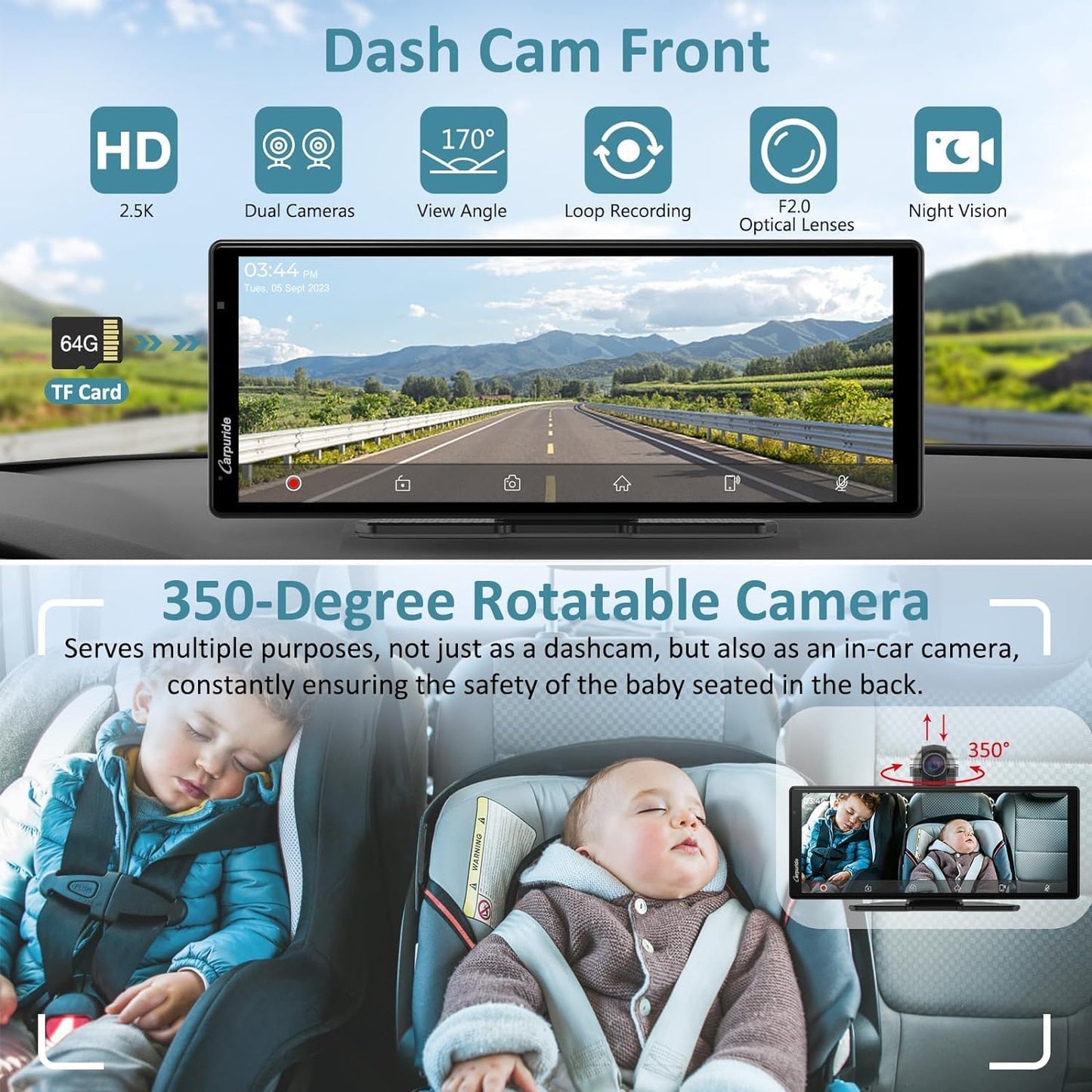 Autoradio Draadloze CarPlay – Android Auto Autoradio – Multimedia Systeem – Auto Entertainment – 9,3 Inch IPS Touchscreen – 4K Draaibare Dashcam & Achteruitrijcamera