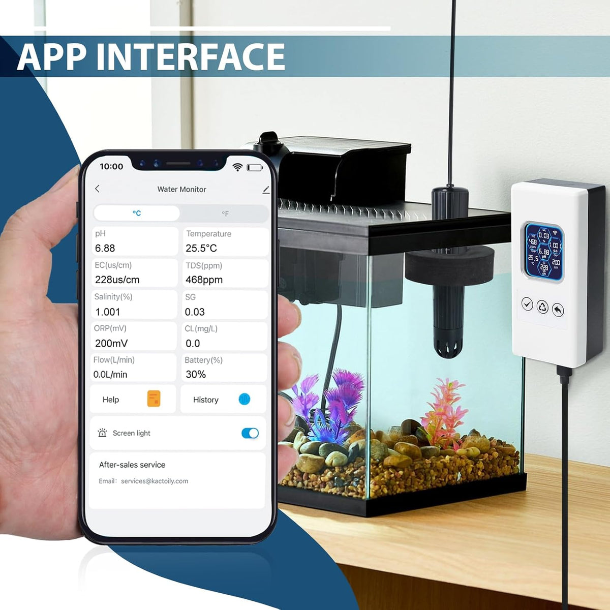 7-in-1 Slimme Waterkwaliteit Tester, Draadloze WiFi Water Monitor Meet pH/ORP/TDS/EC/Zoutgehalte/SG/TEMP, Waterkwaliteitsmeter met App Verbinding en Real-Time Meldingen voor Aquarium, Zoutwater, etc.