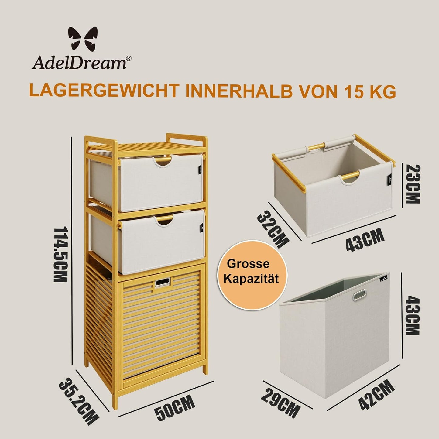 Adel Dream Wasmand, bamboe, wasmanden, 3 vakken, wasverzamelaar voor vuile was, opslag voor voorwerpen, wasbox, wasmand, wassorteerder, lichtgrijs Hellgrau-06-28