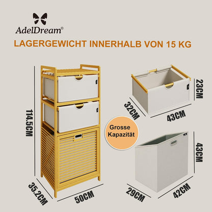 Adel Dream Wasmand, bamboe, wasmanden, 3 vakken, wasverzamelaar voor vuile was, opslag voor voorwerpen, wasbox, wasmand, wassorteerder, lichtgrijs Hellgrau-06-28