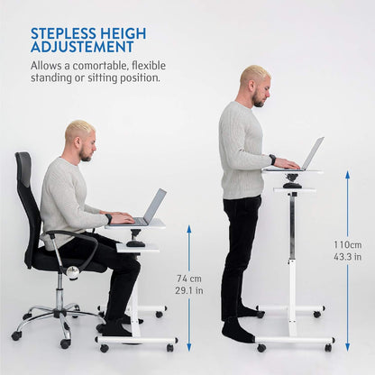 Tatkraft Bianca Ergonomisch Stijlvol Verplaatsbaar Laptopstandaard Bureau met muisbord op wielen, verstelbare hoogte van 72-110 cm, 360 ° draaibaar en 160 ° kantelbaar voor handig staand en zittend werken, Geschikt voor 7-17 '' laptops, Stevig elegant ont