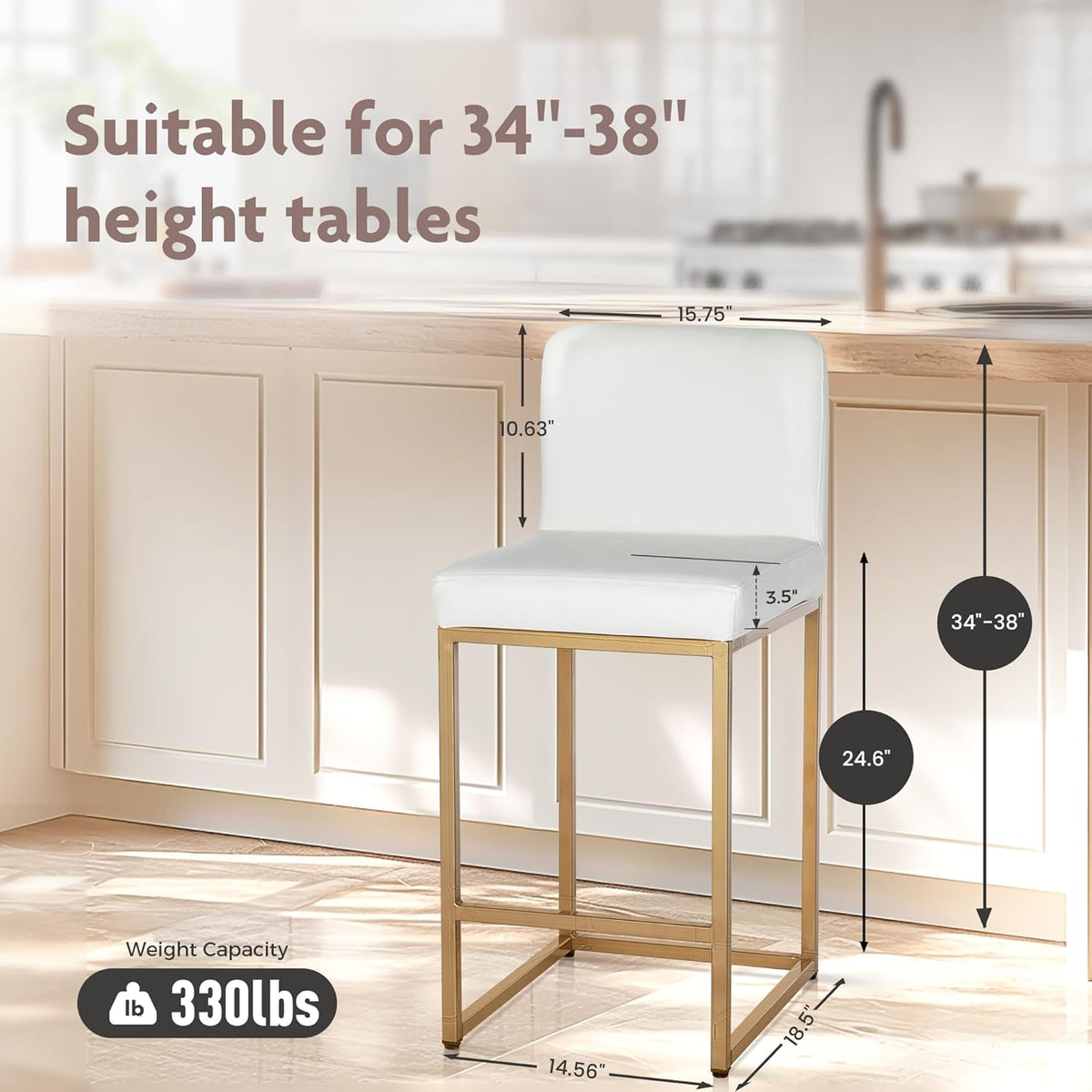 ALPHA HOME Makeup Stool, Makeup Table, Stool, 2 Bar Stools, Bar Stool, Office Stool, Kitchen Chairs with Backrest and Footrest, Robust Metal Frame, Modern Bistro Stool, Breakfast Stool, White