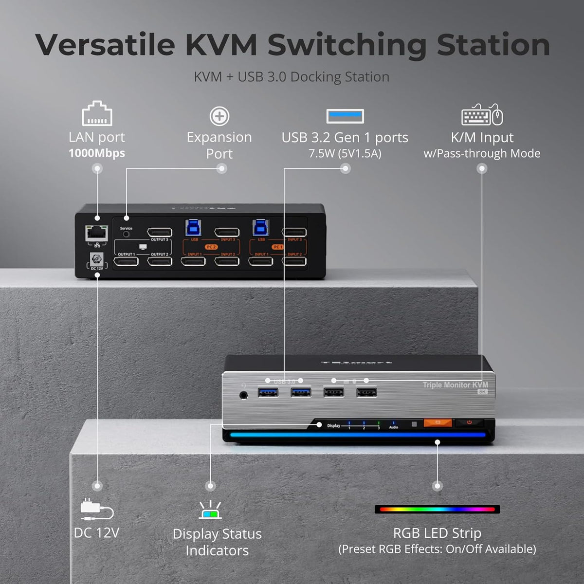 TESmart 8K 60Hz MST DisplayPort KVM Switch 2 PC 3 Monitoren, USB 3.0 4K 144Hz Drievoudige Monitor KVM Schakelaar voor desktop en laptop, Gigabit Netwerk, Custom Hotkey Switch, DP1.4, incl. PC Kabels