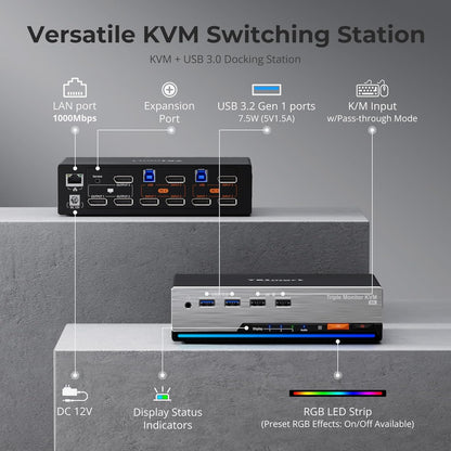 TESmart 8K 60Hz MST DisplayPort KVM Switch 2 PC 3 Monitoren, USB 3.0 4K 144Hz Drievoudige Monitor KVM Schakelaar voor desktop en laptop, Gigabit Netwerk, Custom Hotkey Switch, DP1.4, incl. PC Kabels