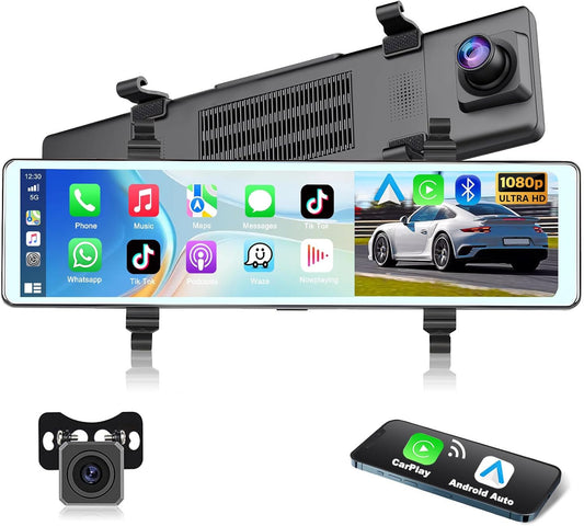 Podofo spiegel dashcam met achteruitkijkcamera met Apple Carplay Android Auto 11,26 inch IPS touchscreen Dual 1080P achteruitkijkspiegel dashcam dashcam auto, 2 gedeelde schermen, Bluetooth
