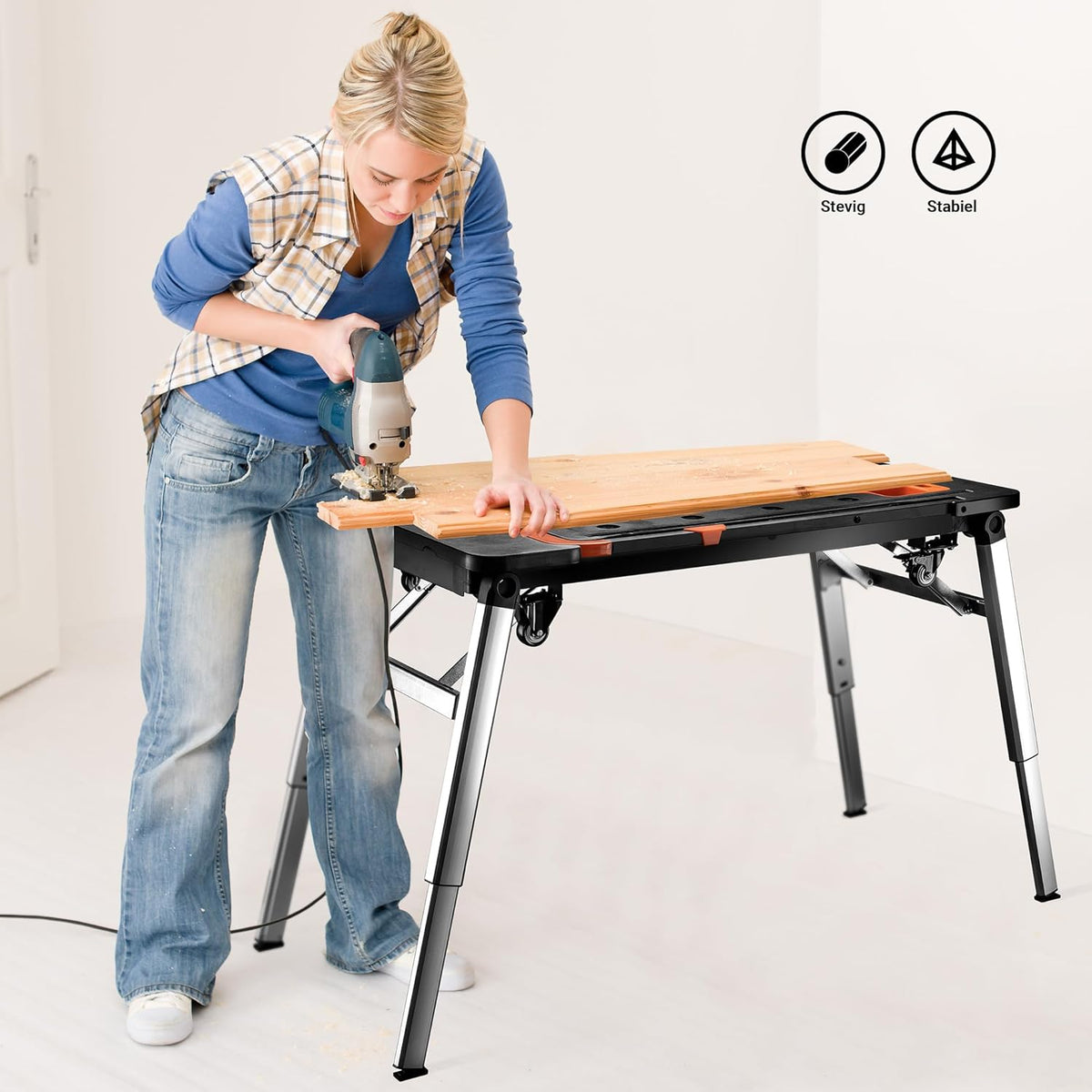 Wiltec werktafel 7-in-1 multifunctionele werkbank als zaagbok werkplatform rolplank transportwagen handkar ligkar trolley steiger van aluminium staal plastic met remmen en haak