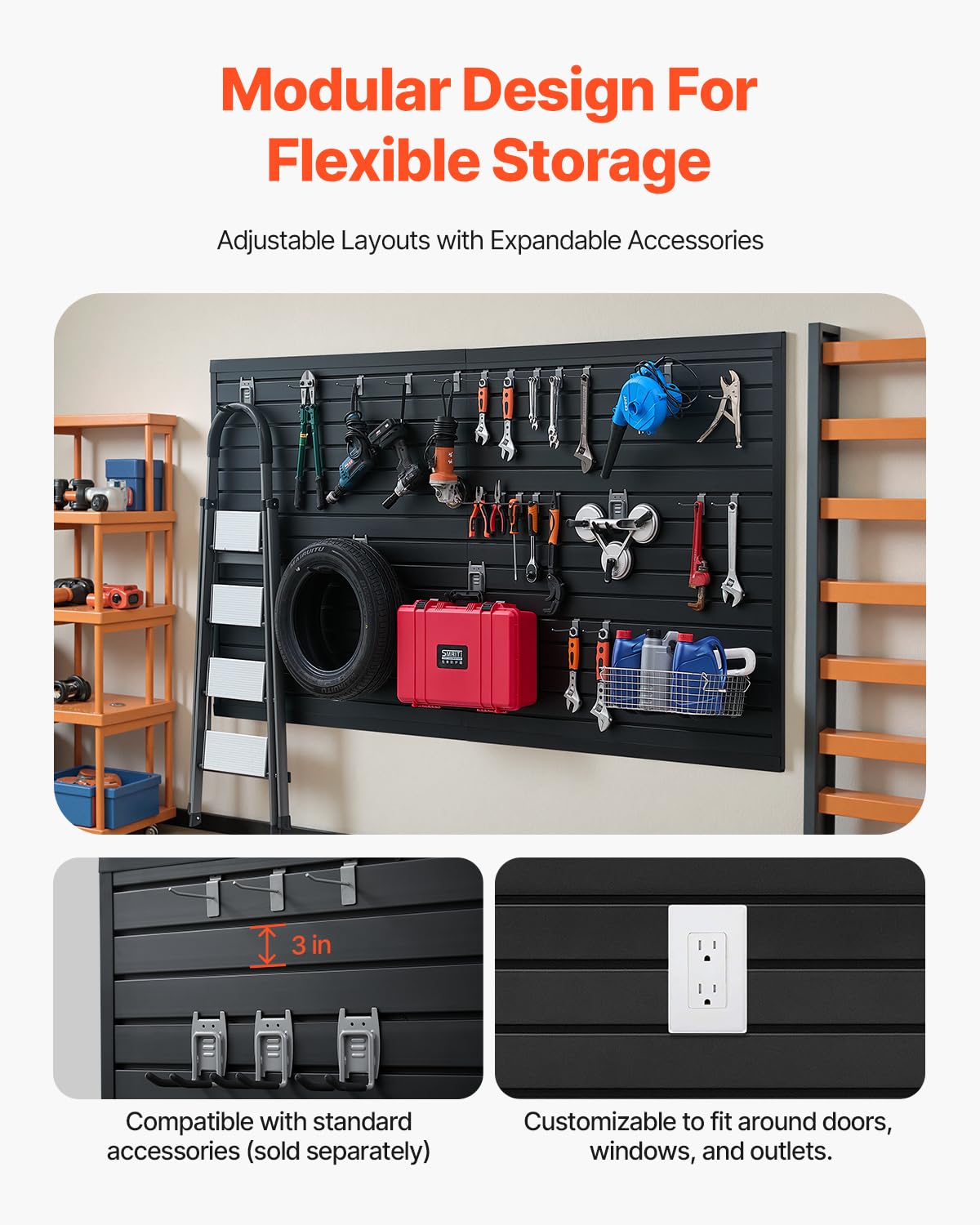 VEVOR Gereedschapswand, 1225 x 2450 x 20 mm, pvc-garagelamellenwand, zwarte wandorganizer, 136 kg per plaat, lamellenwandpaneel met koppelingsstructuur en doe-het-zelfgesneden, geschikt voor opslag en