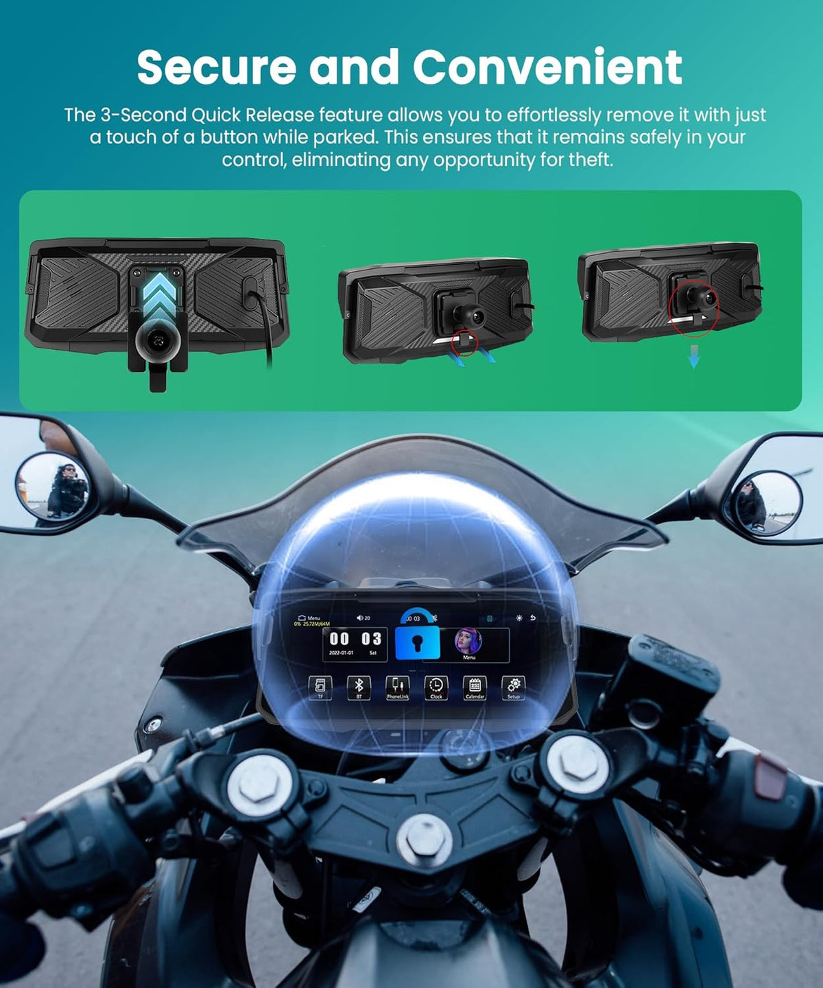 Motornavigatie, draadloos, CarPlay en Android auto via Moto, 6,86 inch HD touchscreen, GPS-navigatie, IP68 waterdicht, Bluetooth, EQ, Assistente Siri/GOO-gle, TPMS