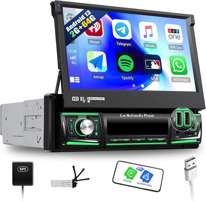 SIXWIN 2 + 64 GB 1 DIN Android 13 autoradio met Carplay Android Auto Mirrorlink, 7 inch touchscreen, uitschuifbaar handmatig met wifi, GPS, Bluetooth, RDS/FM 2 USB TF AUX