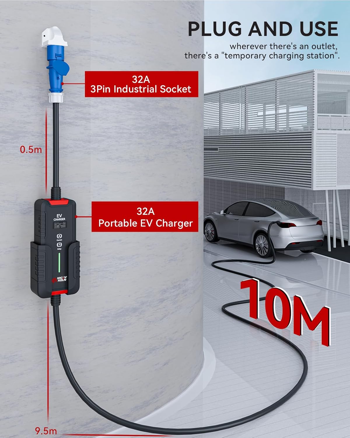EV oplader type 2 7 kW, 10 m oplaadkabel voor elektrische auto type 2 CEE (3-pin) met omschakelbare box 6-32 A, 10 m EV draagbare oplader IEC 62196-2 laadstation EV