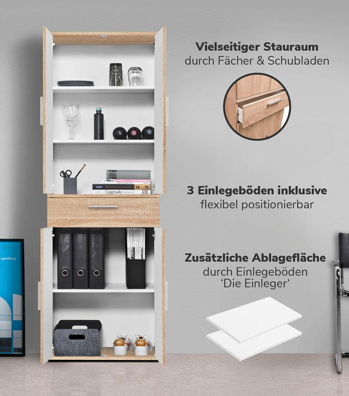 mokebo Multifunctional Cabinet 60 cm wide with Drawers 'The Practical', Chest of drawers, Filing cabinet large, Office cabinet, Shoe cabinet, Kitchen cabinet in brown of Wood, High Cabinet in Sonoma Oak - QUORE