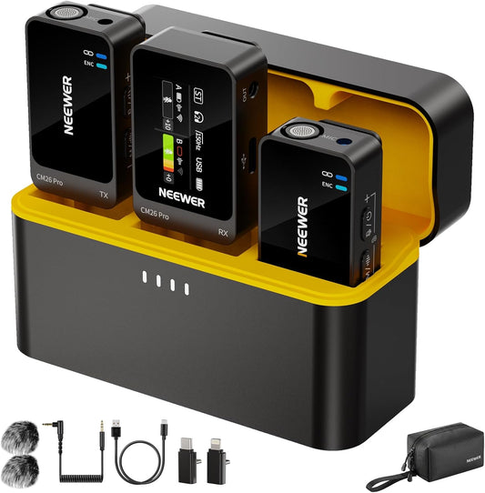 NEEWER CM26 Pro AI Draadloze Microfoon Compatibel met iPhone Android Telefoon Camera PC, Lavalier Revers Mic DSP/MCU Ruisonderdrukking Mute Gain Low Cut 48KHz/24Bit 88dB SNR 50H Batterij 100 m Bereik
