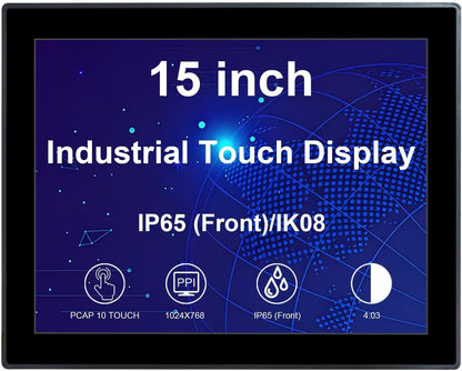 VSDISPLAY 15 inch industriële touchscreen-monitor, 1024 x 768, 350 nits, IP65 front, 10-punts touch, groot temperatuurbereik, behuizing van aluminiumlegering