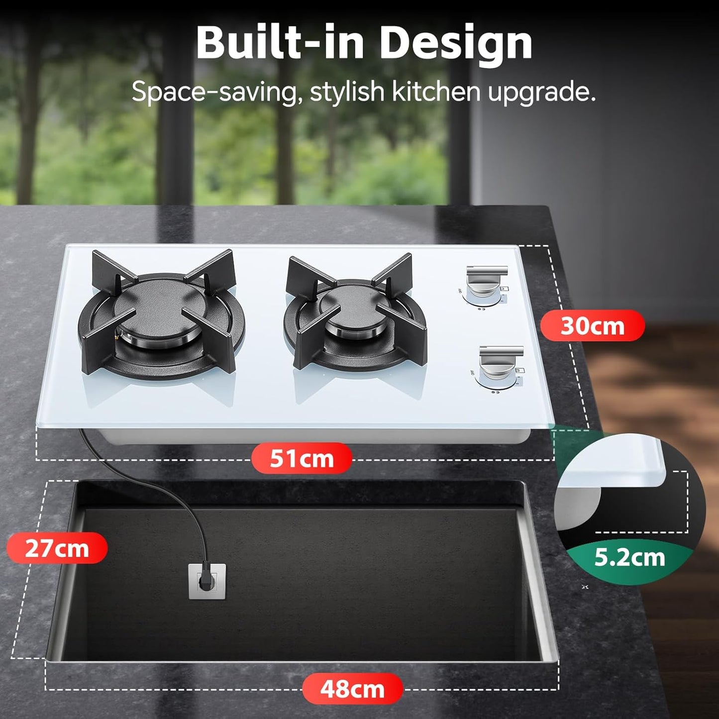Gaskookplaat – Gasfornuis – Kookplaat – 2 Pits Kooktoestel – Wit Glas – Automatische Vlambescherming – Geschikt Voor Aardgas En Propaangas