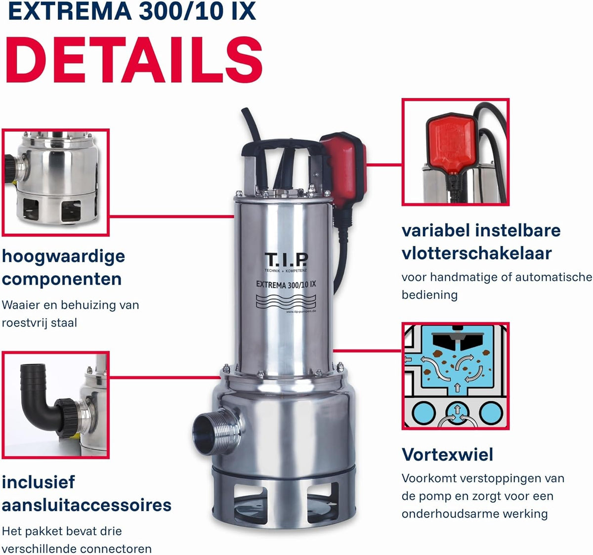 Vuilwaterpomp – Dompelpomp – Bouwpomp – Afwateringspomp – Pomp – 19.500 l/u Debiet – Roestvrijstalen Loopwiel