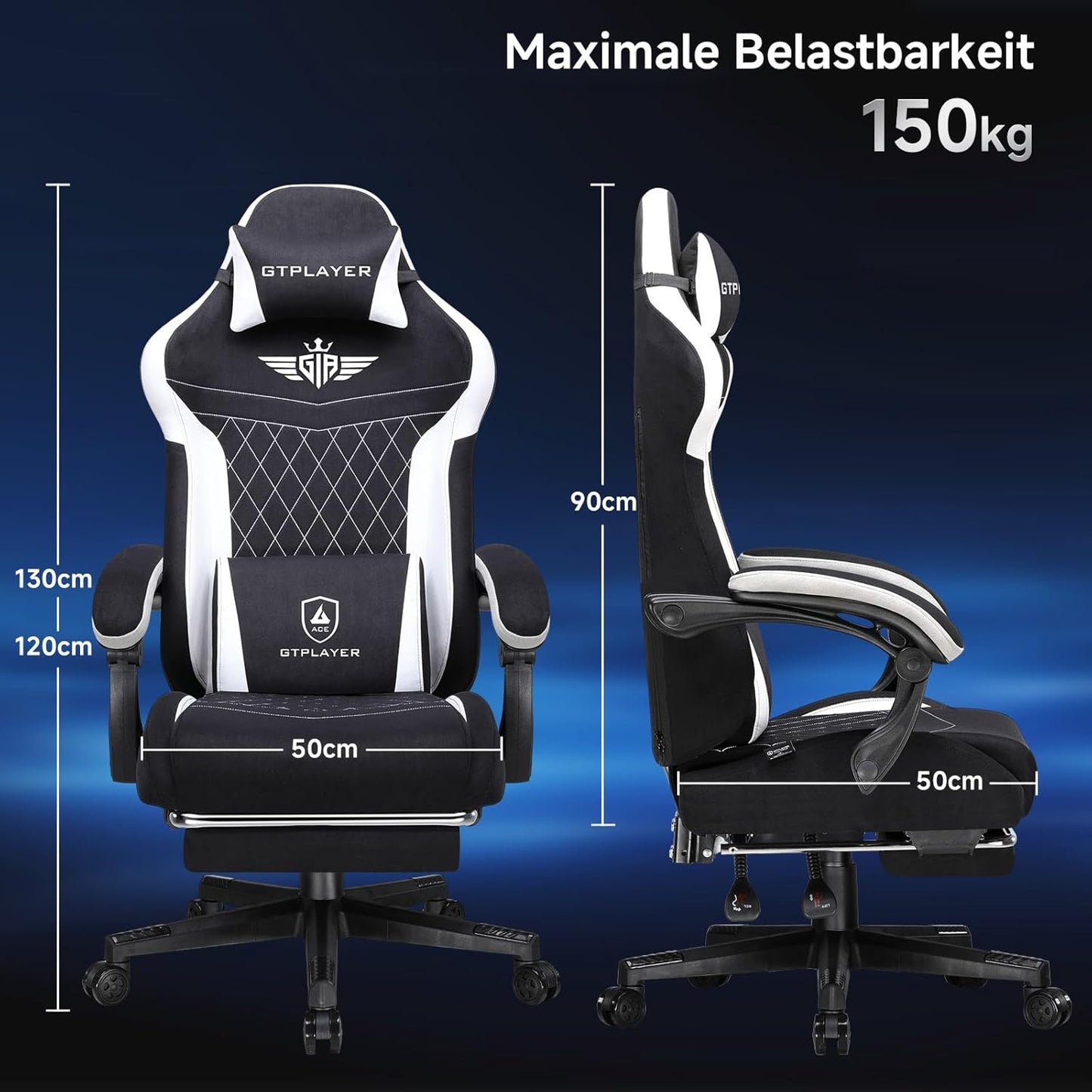 Gamingstoel – Gamestoel – Bureaustoel – PC Stoel – Ergonomische Stoel – Ademend Textiel – Verstelbare Rugleuning Tot 150° – Zwarte Stoffering