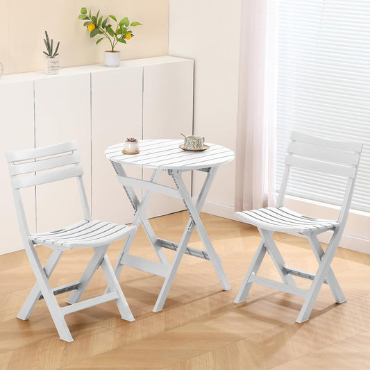 Plastic opvouwbare bistroset, 3-delige terrasbistroset, draagbare binnentafel en stoelen met rugleuning, opvouwbare terrasmeubelset voor balkon, veranda, achtertuin, tuin, zwembad (wit)