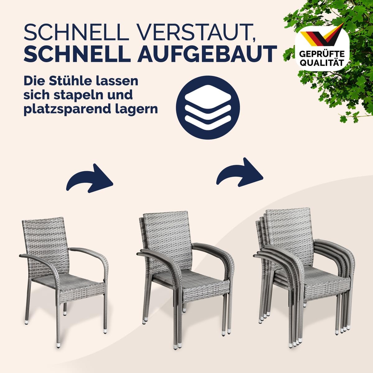 CASARIA® Set of 4 Polyrotin Stackable Outdoor Chairs with Armrests | Stackable, Weatherproof Outdoor Chairs with Armrests | Load Capacity of 160 kg | For Camping, Patio, Balcony - QUORE