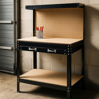 Werkbank 1150x550x1400 mm met gatenwand en ophanghaken, groot MDF-werkblad en stalen frame