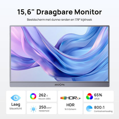Draagbare Monitor 15,6" – Extra Scherm – Mobiel Beeldscherm – Laptop Monitor – Tweede Beeldscherm – Ultradun en Lichtgewicht – Full HD IPS met HDR10 – Grijs