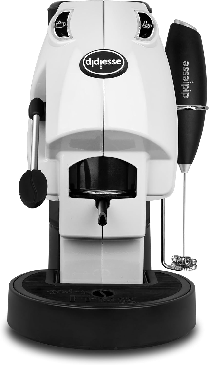 Didiesse Baby Frog Coffee & Tea Koffiezetapparaat voor pads, met melkopschuimer en dubbele padhouder voor koffie en thee, laag verbruik 650 W, warmwaterdispenser (wit)