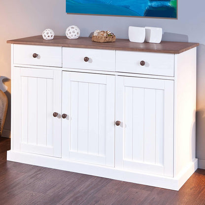 Dressoir met 3 deuren en 3 laden van water-based wit gelakt massief grenen met een bruine afwerking