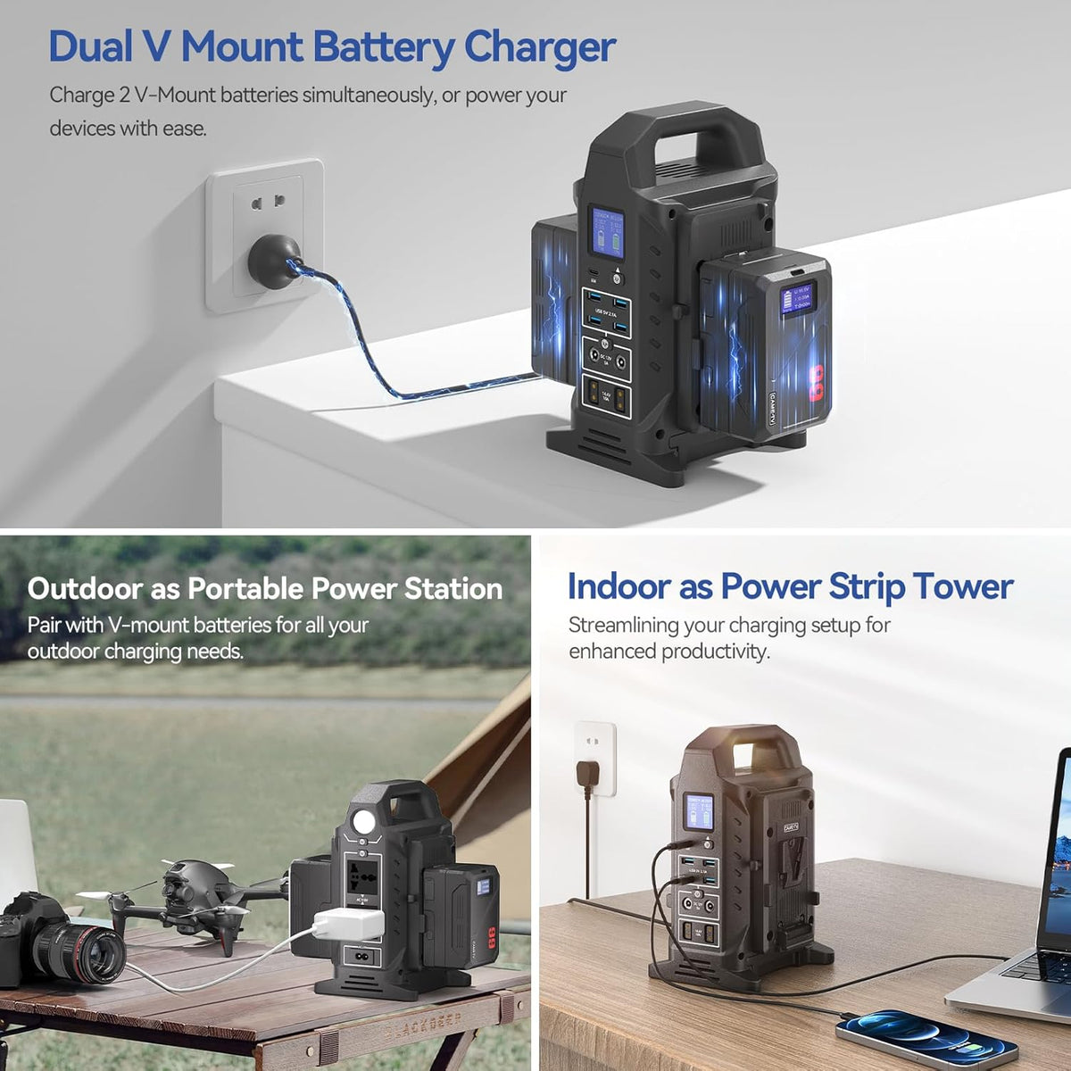 V-mount Acculader – Batterijlader – Acculader – V-Mount Voeding – Batterijoplader – 3-in-1 Functie – Hot Swap Batterijwissel – USB-C PD 65W